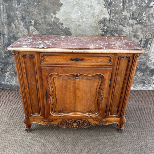 Beautiful French Antique Fruitwood Low Cupboard Sideboard Buffet with Deep Pink Marble Top