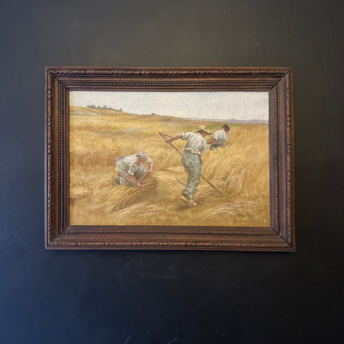 A Ménégaux Original French Oil Painting “Cutting the Hay” Original Oak Frame