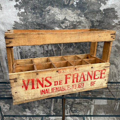 Vintage French “Vins de France” Wooden Wine Bottle Crate Carrier - 10 Bottles