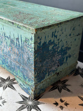 Load image into Gallery viewer, Antique Pine Blanket Box Original Turquoise Blue Layered Paint Finish Bohemian - French General Trading