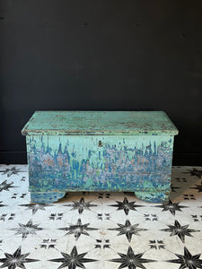 Antique Pine Blanket Box Original Turquoise Blue Layered Paint Finish Bohemian - French General Trading