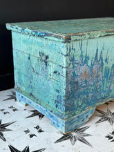 Load image into Gallery viewer, Antique Pine Blanket Box Original Turquoise Blue Layered Paint Finish Bohemian - French General Trading