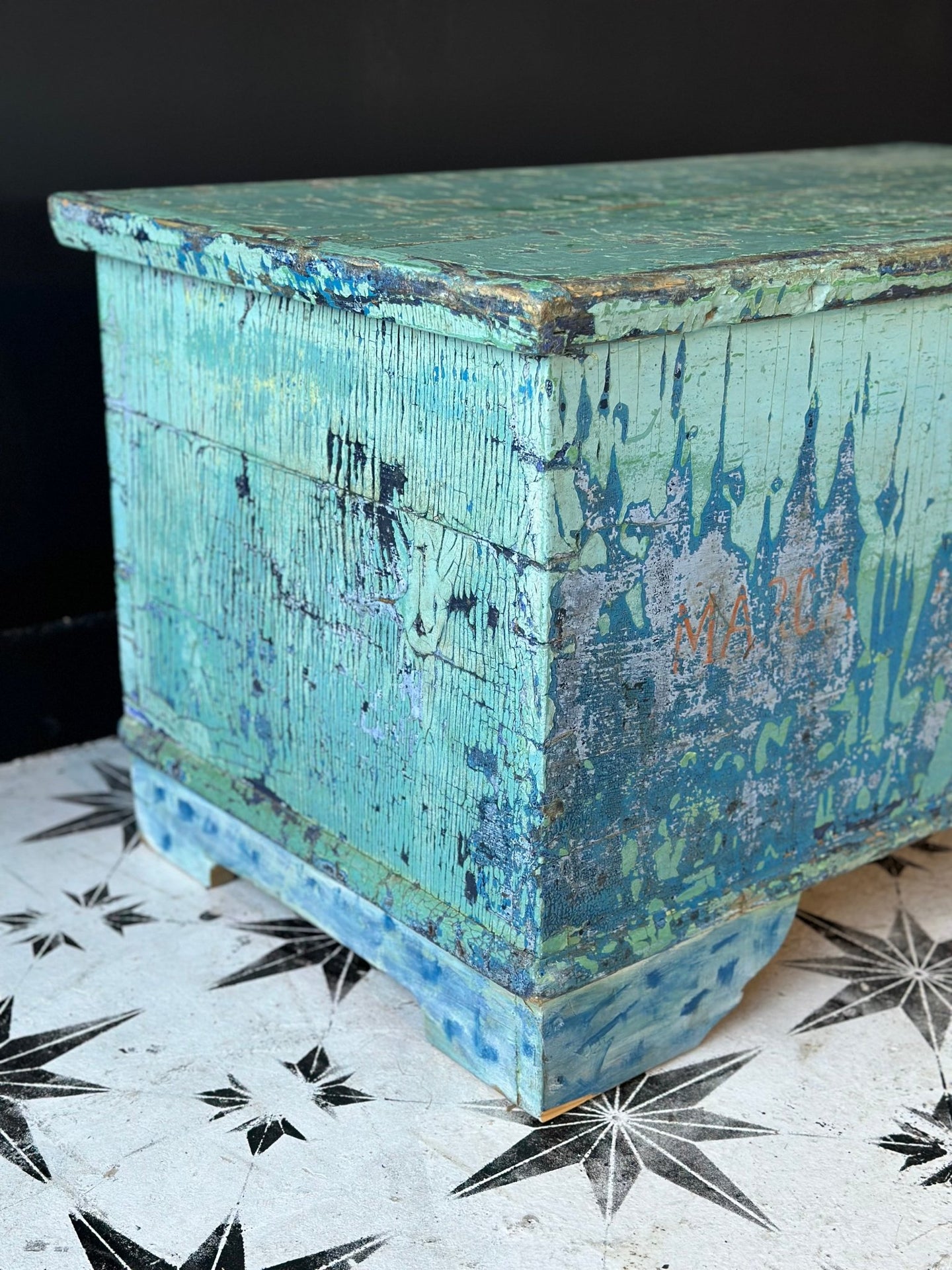 Antique Pine Blanket Box Original Turquoise Blue Layered Paint Finish Bohemian - French General Trading