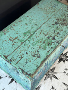 Antique Pine Blanket Box Original Turquoise Blue Layered Paint Finish Bohemian - French General Trading