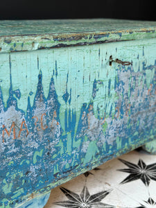 Antique Pine Blanket Box Original Turquoise Blue Layered Paint Finish Bohemian - French General Trading