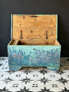 Antique Pine Blanket Box Original Turquoise Blue Layered Paint Finish Bohemian - French General Trading