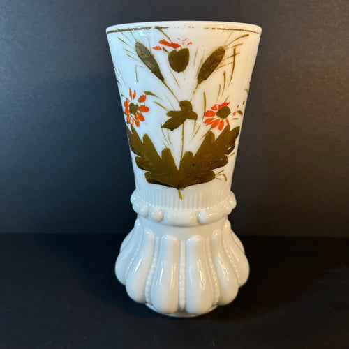 Beautiful French Antique White Milk Glass Vase Handpainted Gold/Orange - French General Trading