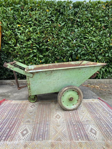 Very Large Industrial Metal Wheel Barrow - Original Green Chippy Paint - French General Trading